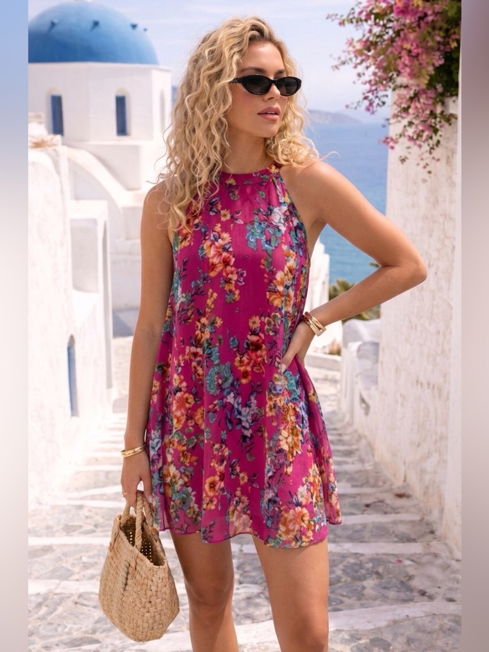 BETSEY JOHNSON Bright Pink Floral Trapeze Style Dress / Sz. 10